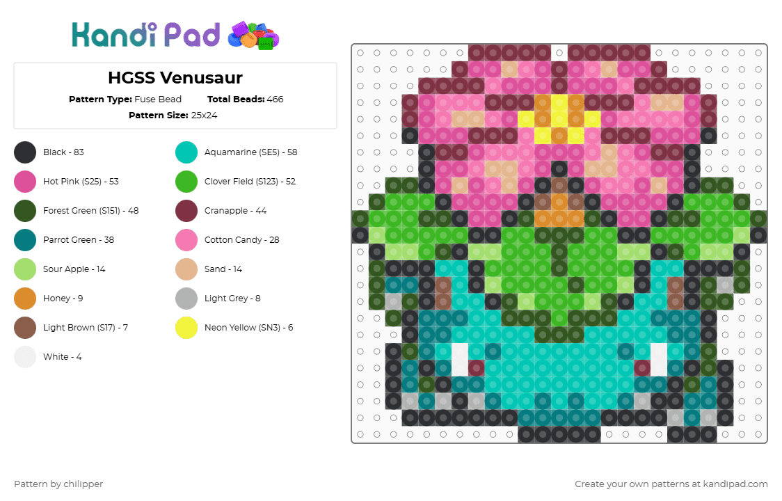 HGSS Venusaur - Fuse Bead Pattern by chilipper on Kandi Pad - gold,green,pink,colorful,venusaur,pokemon,pkmn,hgss,heartgold,soulsilver