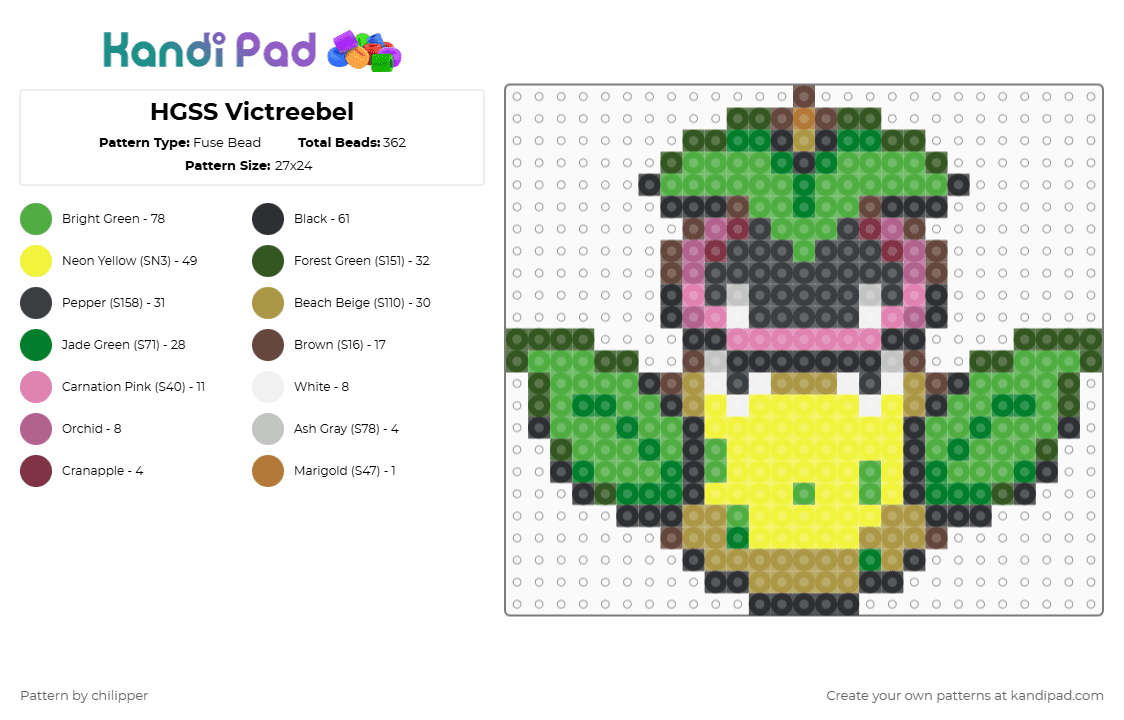 HGSS Victreebel - Fuse Bead Pattern by chilipper on Kandi Pad - gold,green,yellow,pokemon,pkmn,victreebel,hgss,heartgold,soulsilver