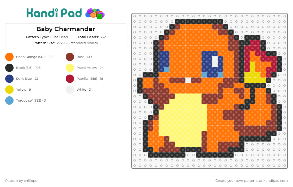 Baby Charmander - Fuse Bead Pattern by chilipper on Kandi Pad - charmander,pokemon,cute,charmeleon,charizard,fiery spirit,bright orange,iconic starter