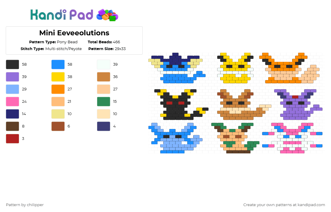 Mini Eeveeolutions - Pony Bead Pattern by chilipper on Kandi Pad - yellow,orange,beige,colorful,mini,eeveeolution,eevee,vaporeon,jolteon,flareon,umbreon,sylveon