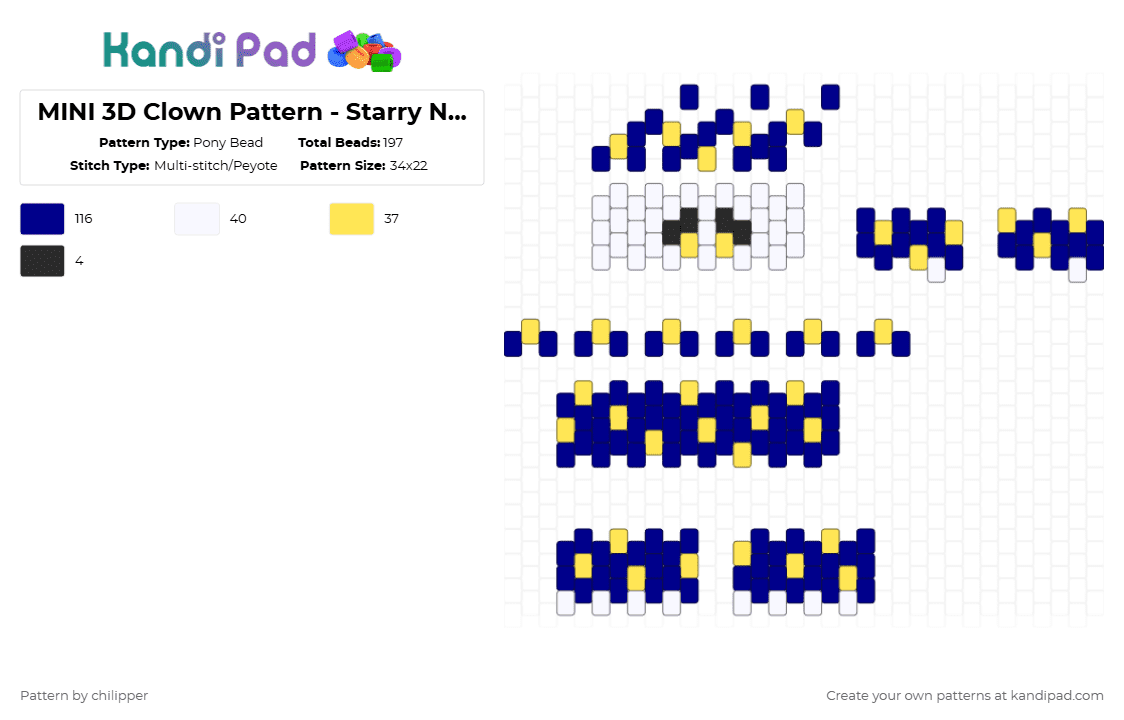 MINI 3D Clown Pattern - Starry Night - Pony Bead Pattern by chilipper on Kandi Pad - purple,3d,mini,clown,blue,yellow,stars,night