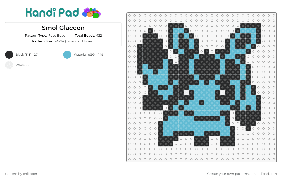 Smol Glaceon - Fuse Bead Pattern by chilipper on Kandi Pad - glaceon,pokemon,ice type,crafting,evolution,eevee,cool,crisp,serene,creature,light blue,black