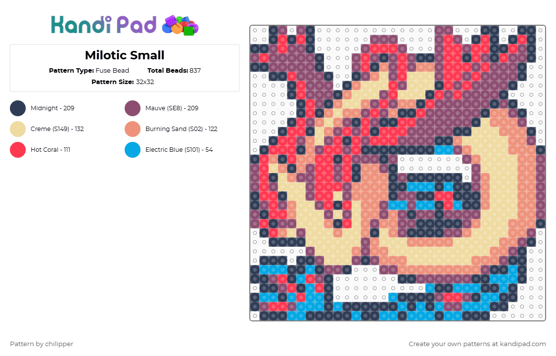 Milotic Small - Fuse Bead Pattern by chilipper on Kandi Pad - purple,pink,beige,milotic,pokemon,pkmn,small,mini,chibi