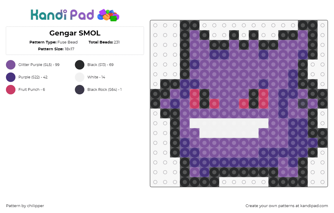 Gengar SMOL - Fuse Bead Pattern by chilipper on Kandi Pad - gengar,pokemon,ghost-type,video game,purple,smile,playful,miniature,character