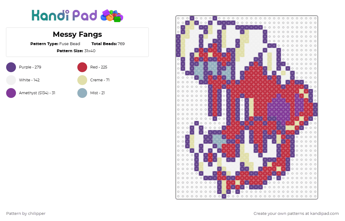 Messy Fangs - Fuse Bead Pattern by chilipper on Kandi Pad - purple,red,vampire,mouth,pastel,halloween,teeth,fang,slime,blood