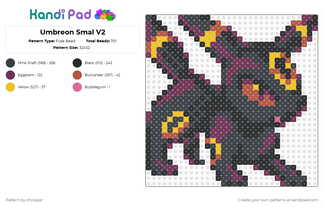 Umbreon Smal V2 - Fuse Bead Pattern by chilipper on Kandi Pad - black,pink,umbreon,pokemon,pkmn,eeveolution,small,chibi,mini