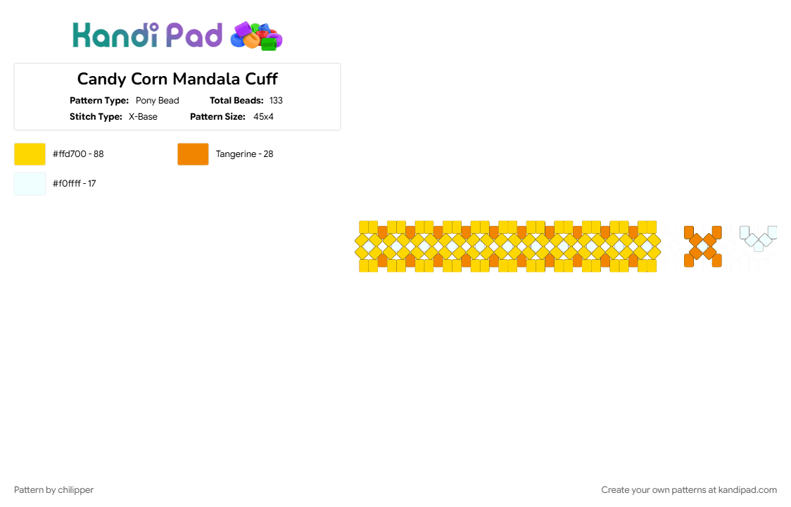 Candy Corn Mandala Cuff - Pony Bead Pattern by chilipper on Kandi Pad - candy, candy corn, cuff, halloween, mandala, mandala cuff