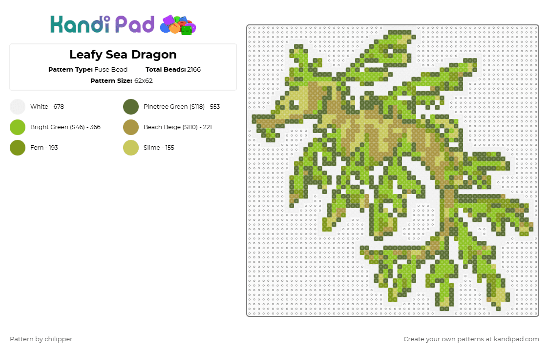 Leafy Sea Dragon - Fuse Bead Pattern by chilipper on Kandi Pad - gold,green,leafy,sea,dragon,marine,leaf