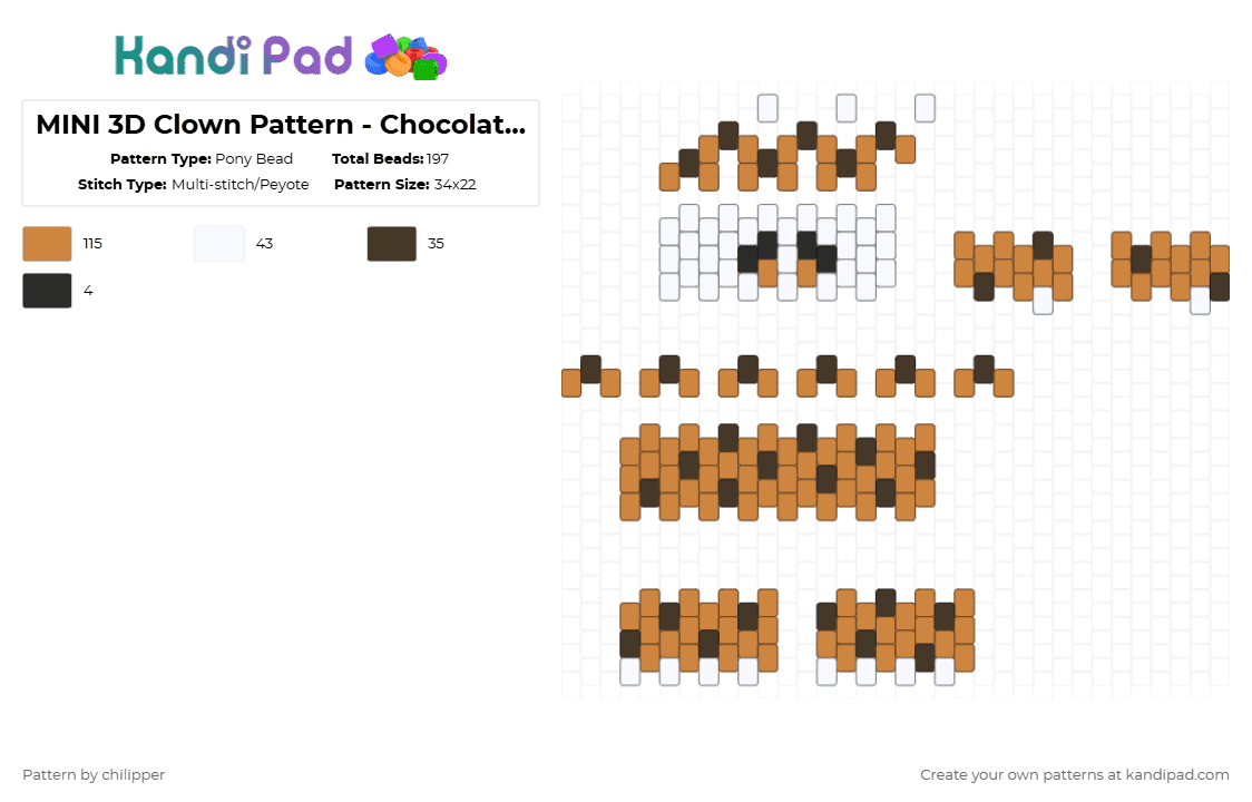 MINI 3D Clown Pattern - Chocolate Chip Cookie - Pony Bead Pattern by chilipper on Kandi Pad - orange,3d,mini,clown,chocolate chip,cookie,chocolate