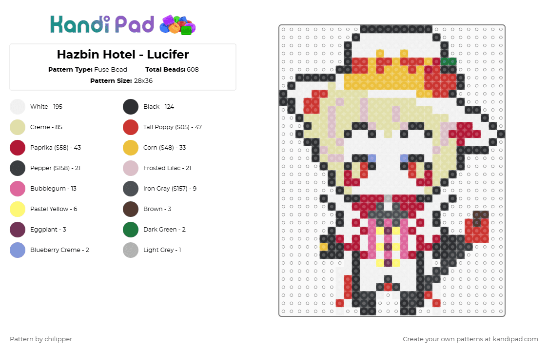 Hazbin Hotel - Lucifer - Fuse Bead Pattern by chilipper on Kandi Pad - white,yellow,red,hazbin,hotel,lucifer,chibi