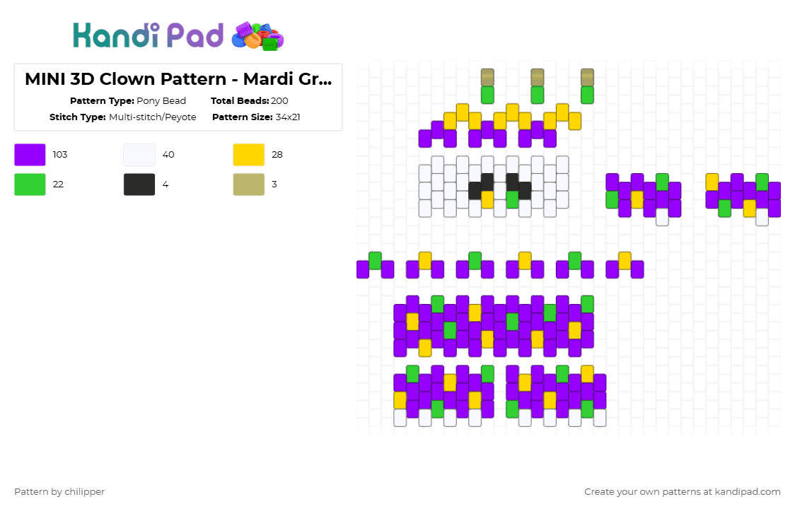 MINI 3D Clown Pattern - Mardi Gras 4 - Pony Bead Pattern by chilipper on Kandi Pad - purple,3d,mini,clown,mardi,gras,mardi gras,new orleans,pattern