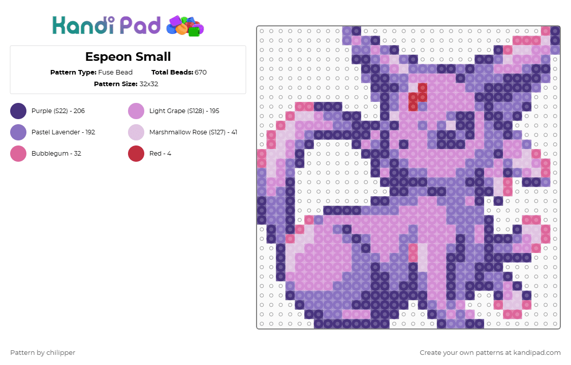Espeon Small - Fuse Bead Pattern by chilipper on Kandi Pad - pink,blue,purple,espeon,eeveolution,pokemon,pkmn,small,mini,chibi