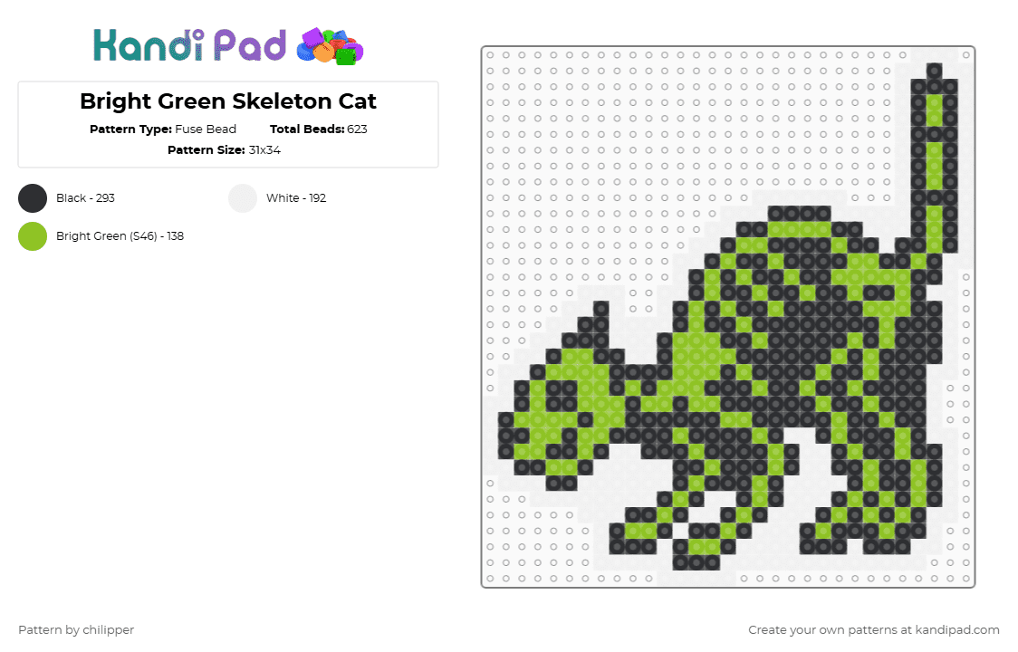 Bright Green Skeleton Cat - Fuse Bead Pattern by chilipper on Kandi Pad - green,white,halloween,cat,skeleton,kitty