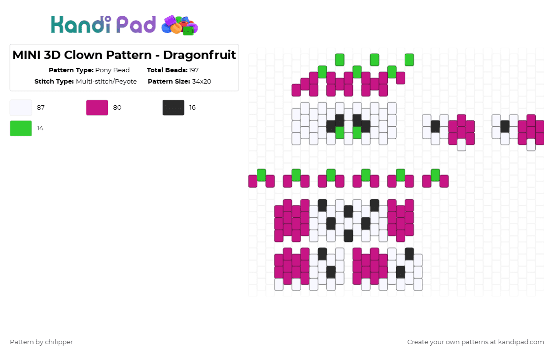 MINI 3D Clown Pattern - Dragonfruit - Pony Bead Pattern by chilipper on Kandi Pad - pink,3d,mini,clown,pattern,dragonfruit,dragon,fruit