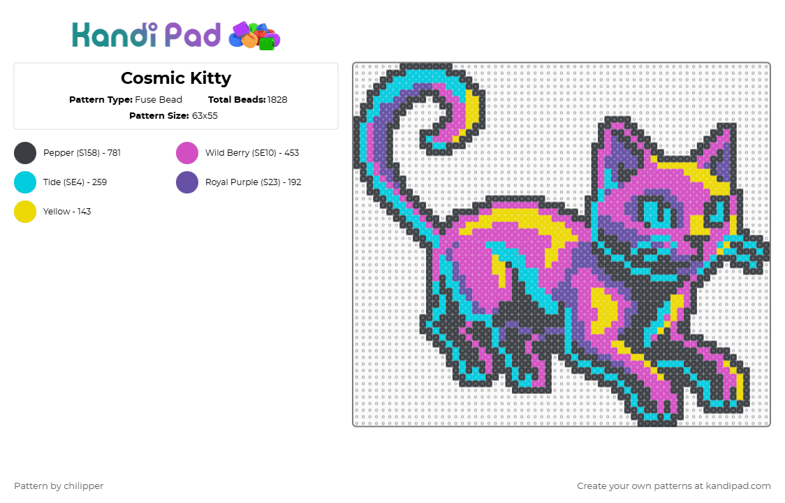 Cosmic Kitty - Fuse Bead Pattern by chilipper on Kandi Pad - animal,space,scifi,light blue,pink,cosmic,kitty,cat,neon,retro
