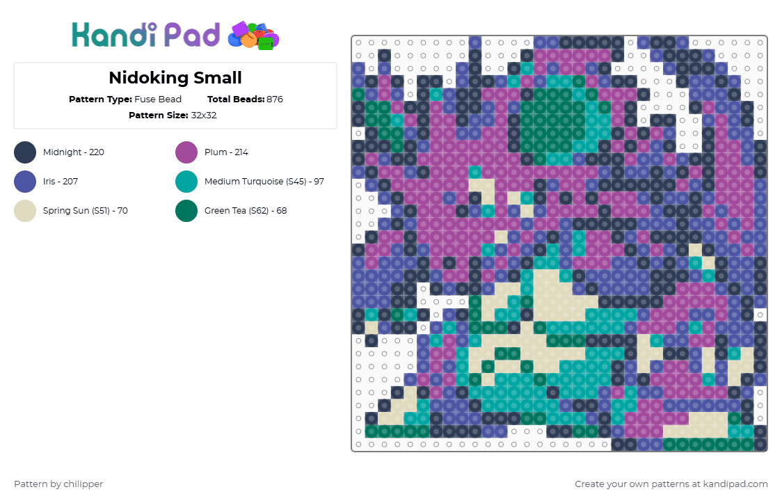 Nidoking Small - Fuse Bead Pattern by chilipper on Kandi Pad - purple,pink,nidoking,pokemon,pkmn,small,mini,chibi