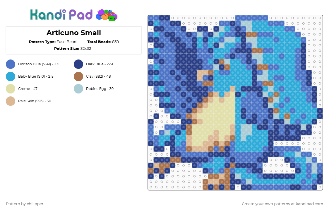 Articuno Small - Fuse Bead Pattern by chilipper on Kandi Pad - bird,ice,video game,anime,gaming,pokemon,blue,light blue,articuno,pkmn,legendary,small,mini,chibi