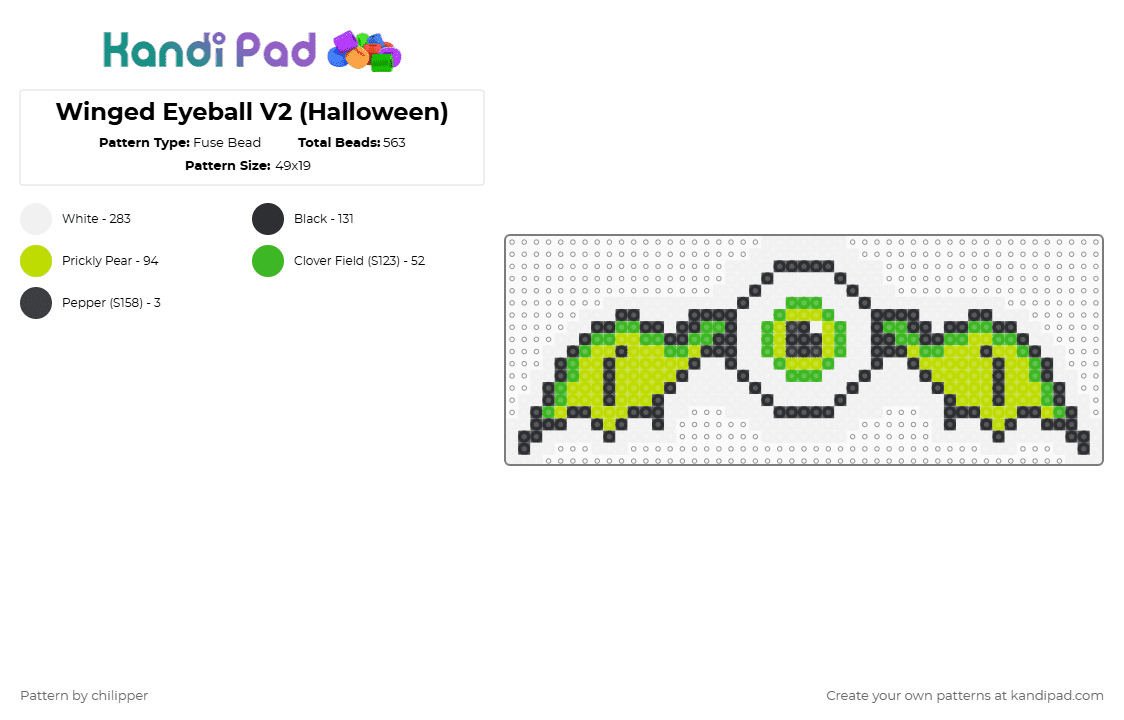 Winged Eyeball  (Halloween) - Fuse Bead Pattern by chilipper on Kandi Pad - monster,creature,holiday,halloween,spooky,animal,white,green,eyeball,eye,wing,bat,creepy