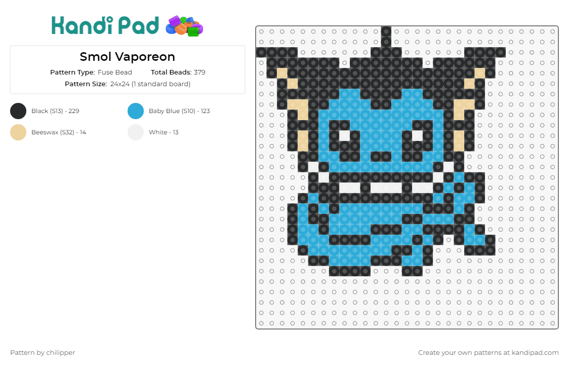 Smol Vaporeon - Fuse Bead Pattern by chilipper on Kandi Pad - vaporeon,pokemon,eevee,aquatic,chibi,character,creature,fanart,blue