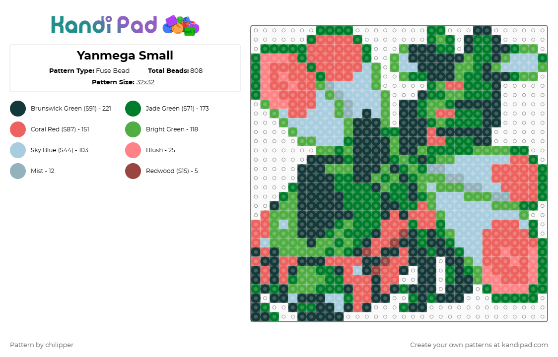 Yanmega Small - Fuse Bead Pattern by chilipper on Kandi Pad - green,yanmega,pokemon,pkmn,small,tiny,chibi