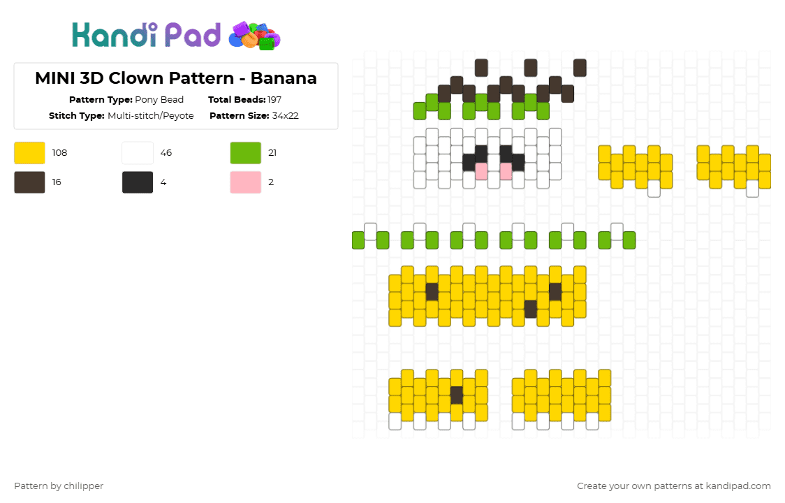 MINI 3D Clown Pattern - Banana - Pony Bead Pattern by chilipper on Kandi Pad - yellow,3d,mini,clown,pattern,fruit,banana