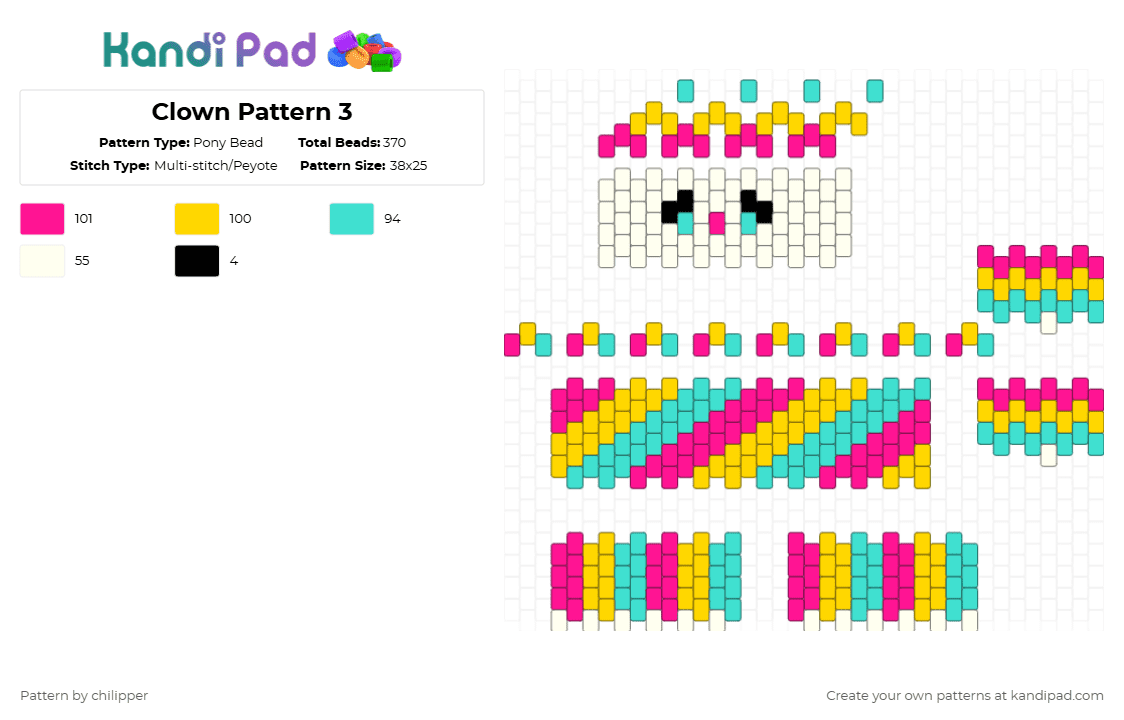 Clown Pattern 3 - Pony Bead Pattern by chilipper on Kandi Pad - yellow,light blue,pink,clown,3d,cyan,pattern