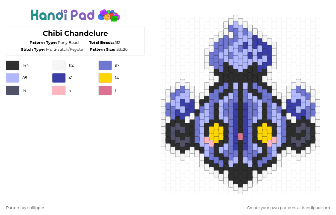 Chibi Chandelure - Pony Bead Pattern by chilipper on Kandi Pad - pink,blue,chandelure,pokemon,pkmn,ghost,small,chibi