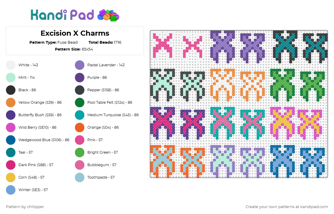 Excision X Charms - Fuse Bead Pattern by chilipper on Kandi Pad - purple,light blue,colorful,excision,lost,lands,x,edm,dubstep