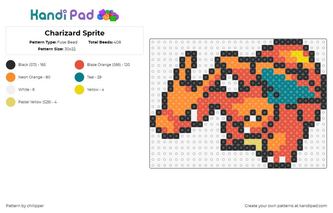 Charizard Sprite - Fuse Bead Pattern by chilipper on Kandi Pad - charizard,evolution,pokemon,charmander,dragon,character,gaming,orange