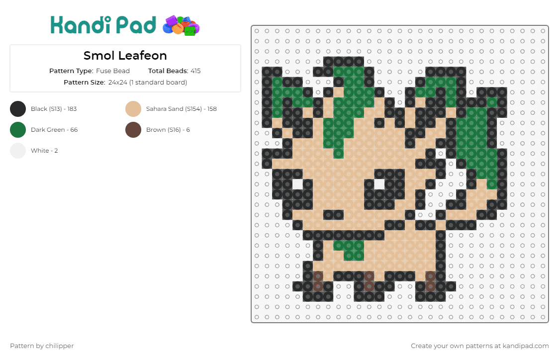 Smol Leafeon - Fuse Bead Pattern by chilipper on Kandi Pad - leafeon,pokemon,grass type,natural,evolution,eevee,vibrant,peaceful,leafy,creature,green,tan
