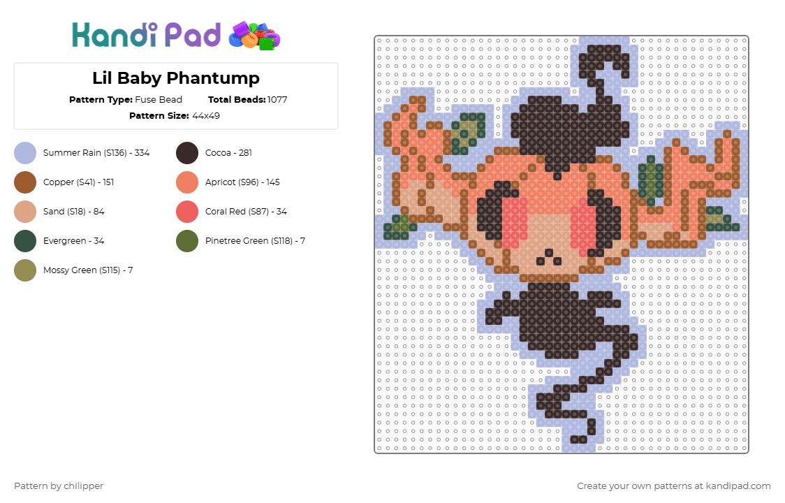 Lil Baby Phantump - Fuse Bead Pattern by chilipper on Kandi Pad - phantump,video game,gaming,pokemon,brown,tan,orange,pink,pkmn,chibi,cute,ghost