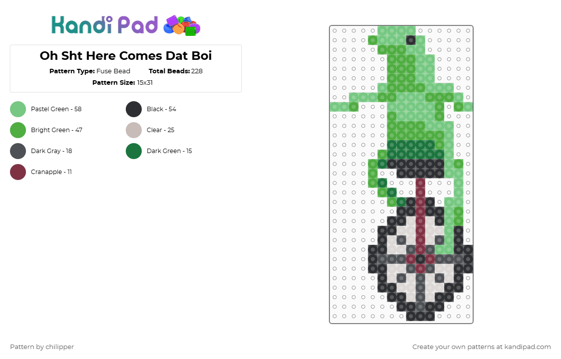 Oh Sht Here Comes Dat Boi - Fuse Bead Pattern by chilipper on Kandi Pad - animal,cartoon,internet,green,teal,dat boi,frog,unicycle,meme