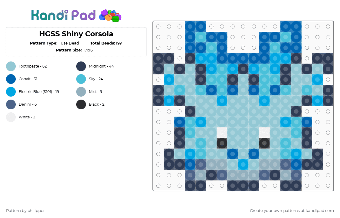 HGSS Shiny Corsola - Fuse Bead Pattern by chilipper on Kandi Pad - light blue,hgss,heart gold,soul silver,corsola,shiny,pokemon,pkmn