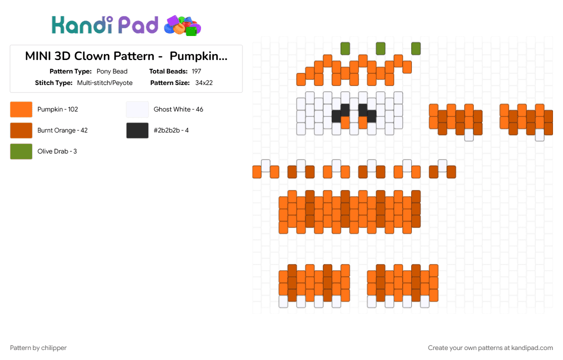 MINI 3D Clown Pattern -  Pumpkin (Halloween) - Pony Bead Pattern by chilipper on Kandi Pad - 3d, clown, halloween, mini, orange, pumpkin