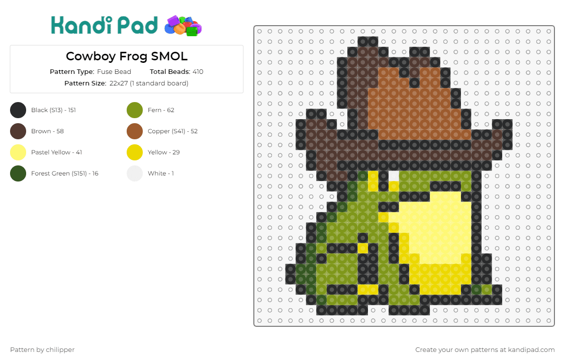 Cowboy Frog SMOL - Fuse Bead Pattern by chilipper on Kandi Pad - animal,frog,cowboy,hat,whimsical,quirky,charm,rustic,green