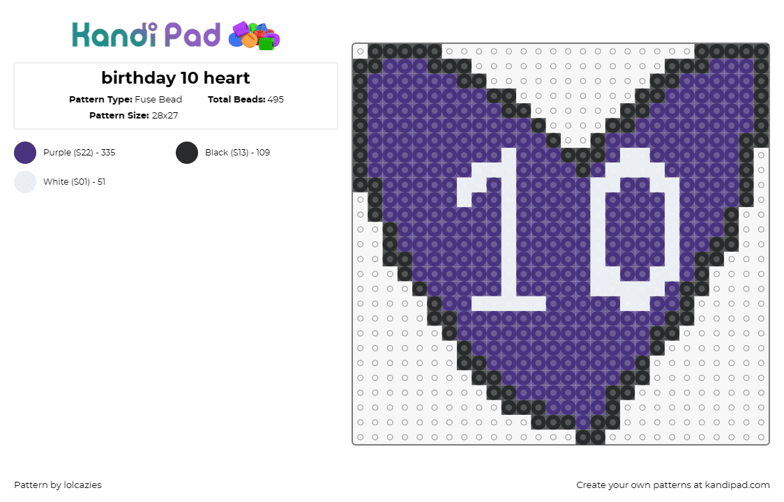 birthday 10 heart - Fuse Bead Pattern by lolcazies on Kandi Pad - heart,decade,love,vibrant,purple,birthday,keepsake,celebration