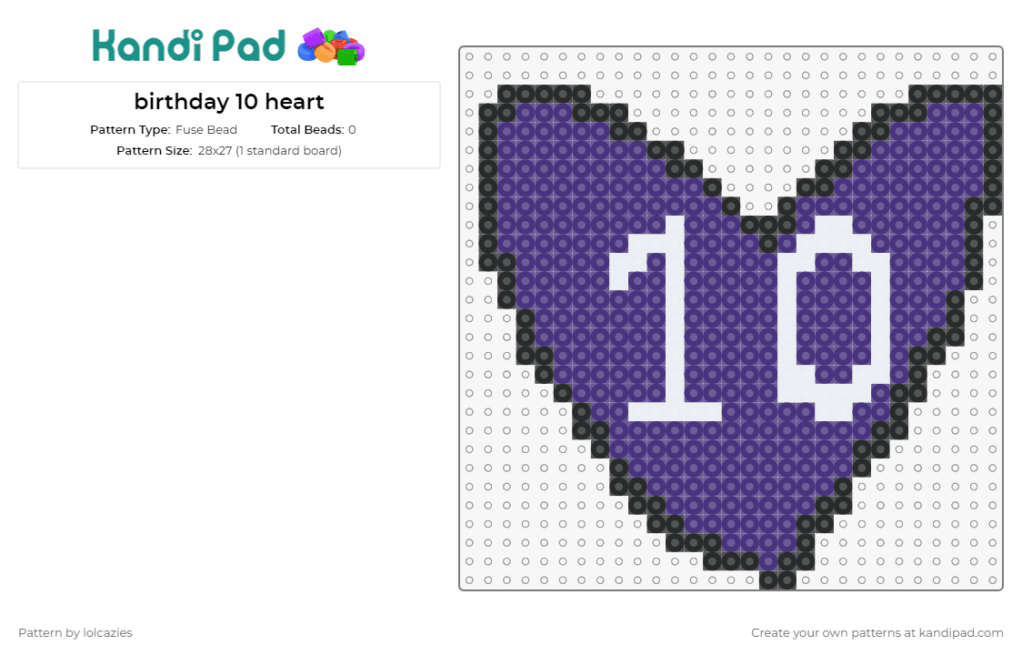 birthday 10 heart - Fuse Bead Pattern by lolcazies on Kandi Pad - heart,decade,love,captivating,vibrant,purple,birthday,keepsake,celebration