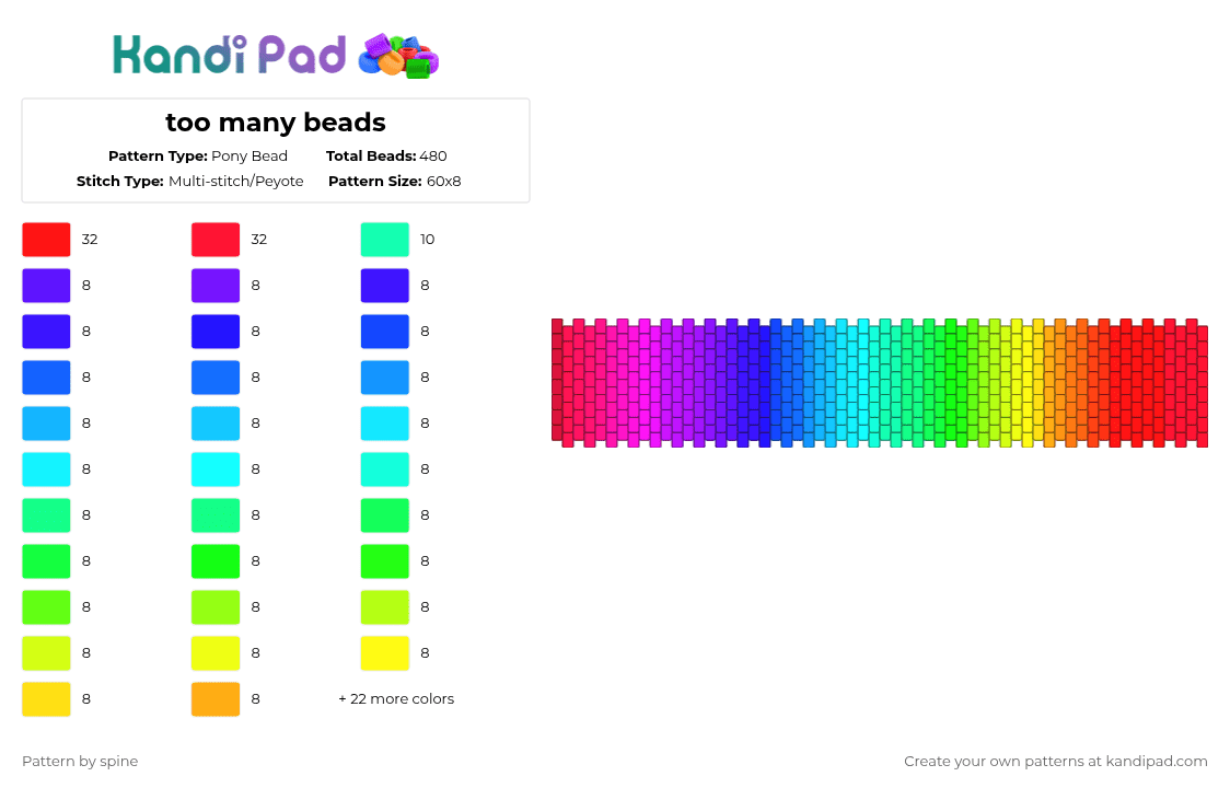 too many beads - Pony Bead Pattern by spine on Kandi Pad - gradient,rainbow,colorful,light blue,green,pink
