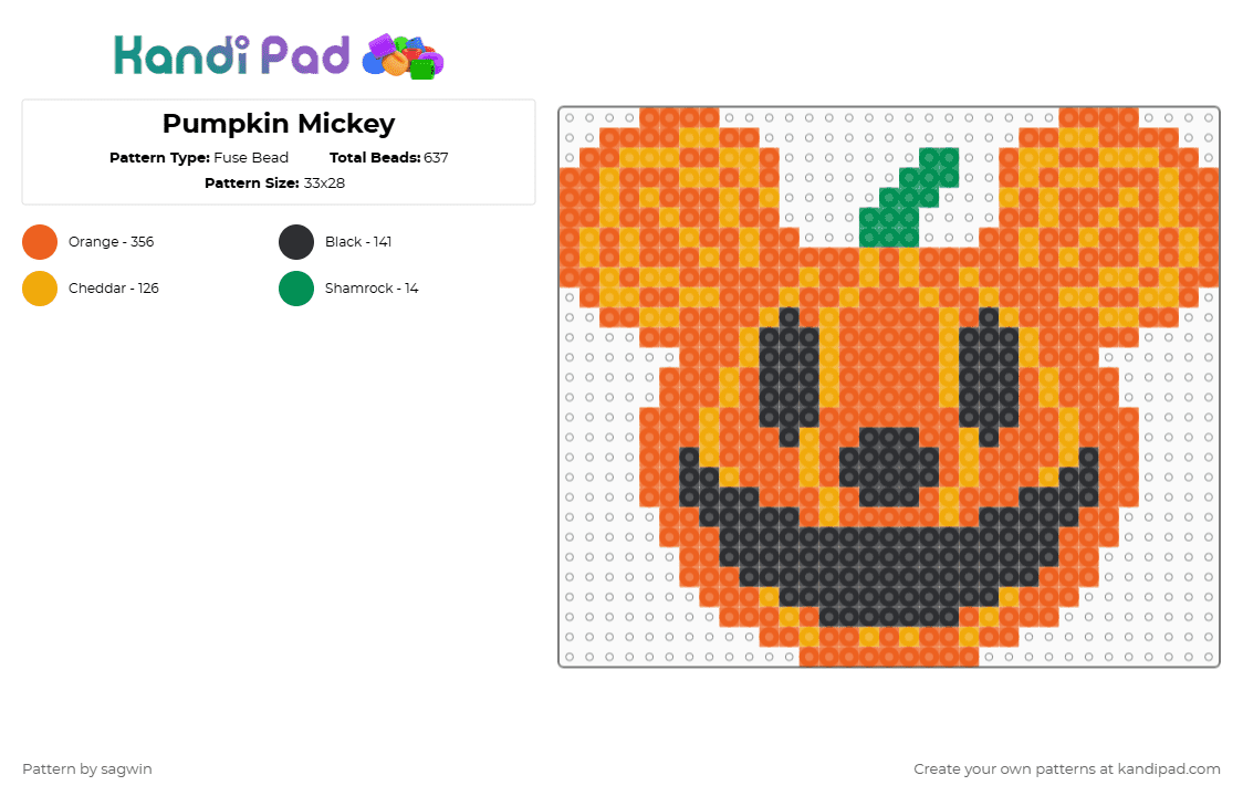 Pumpkin Mickey - Fuse Bead Pattern by sagwin on Kandi Pad - mickey mouse,jackolantern,pumpkin,disney,cartoon,character,halloween,spooky,orange