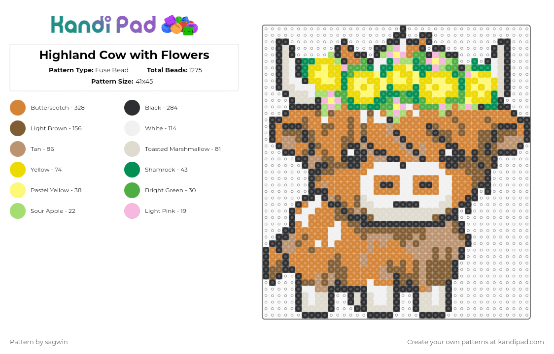 Highland Cow with Flowers - Fuse Bead Pattern by sagwin on Kandi Pad - cow,animal,flower crown,highland cow,flower,mammal,nature