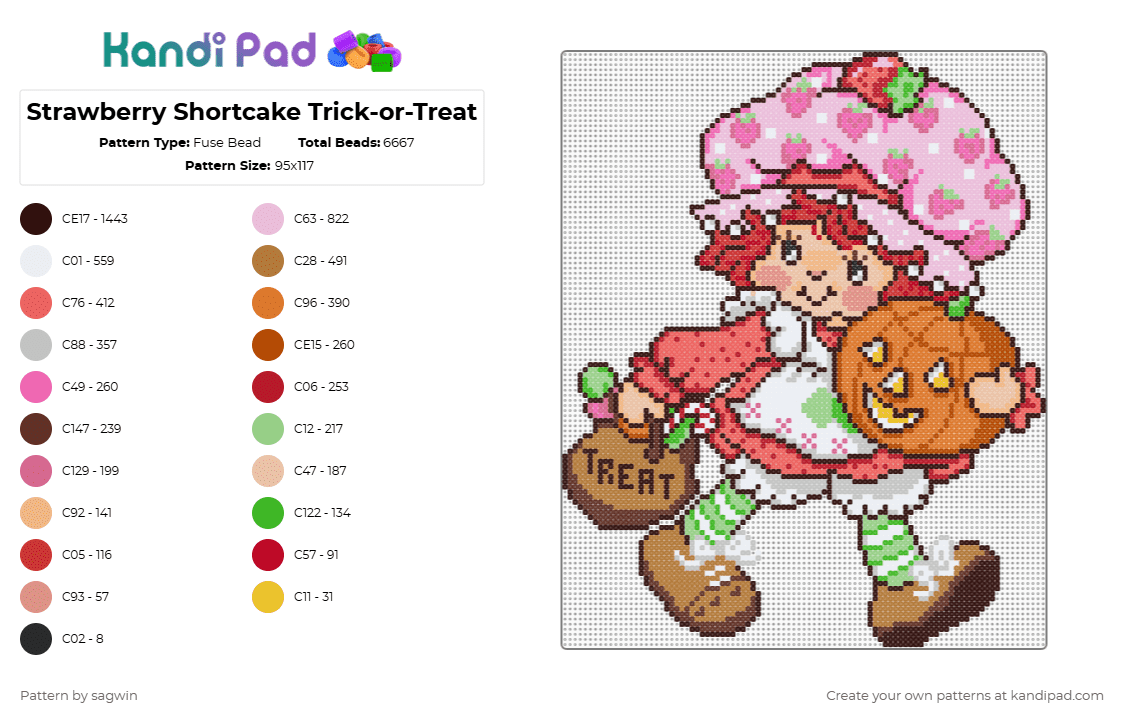 Strawberry Shortcake Trick-or-Treat - Fuse Bead Pattern by sagwin on Kandi Pad - brown,beige,red,pink