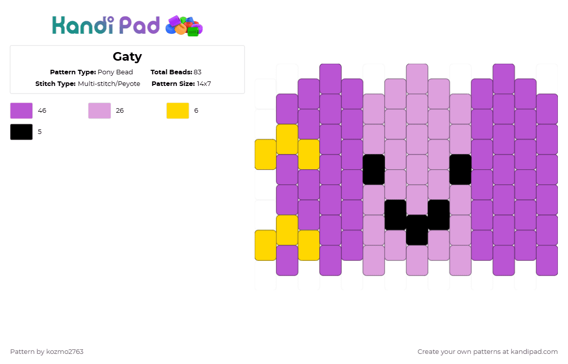Gaty - Pony Bead Pattern by kozmo2763 on Kandi Pad - pink,bfdi,bfb,tpot,osc,gaty,flat charm,object show,purple