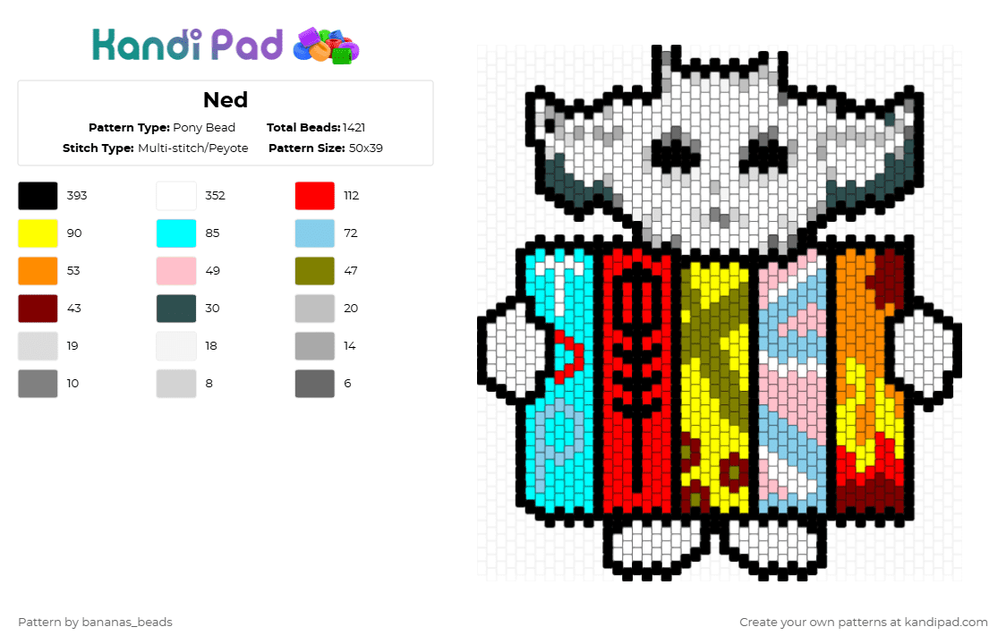Ned - Pony Bead Pattern by bananas_beads on Kandi Pad - white,light blue,red,yellow,twentyonepilots