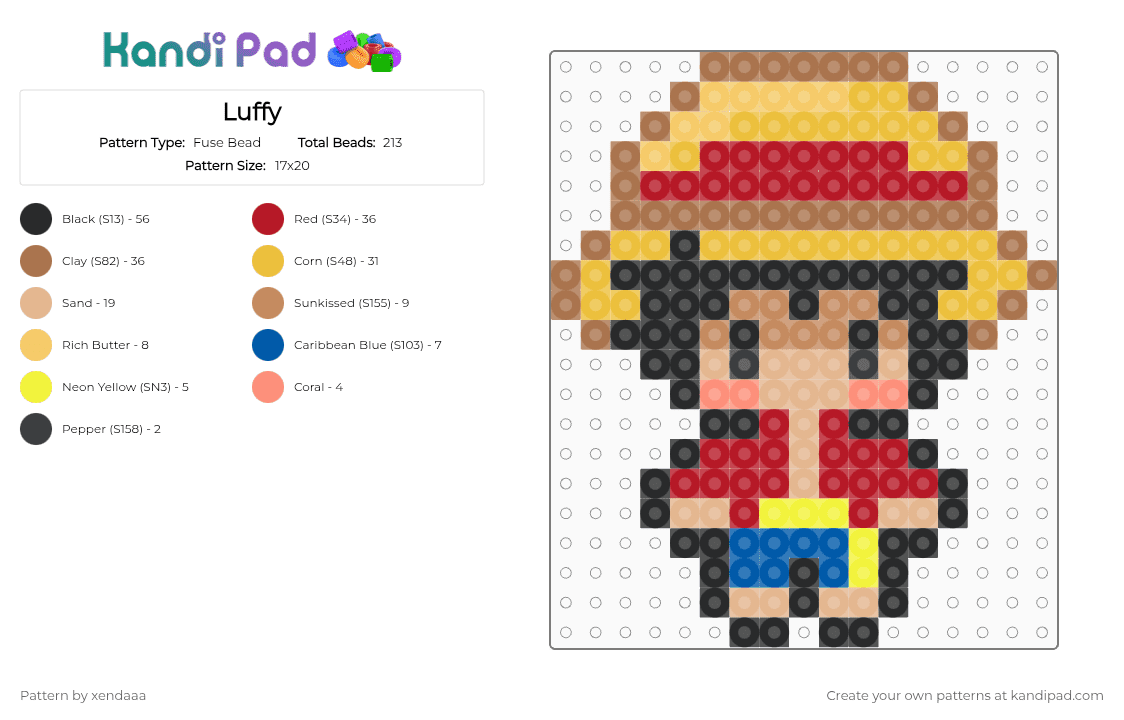 Luffy - Fuse Bead Pattern by xendaaa on Kandi Pad - red,yellow,tan