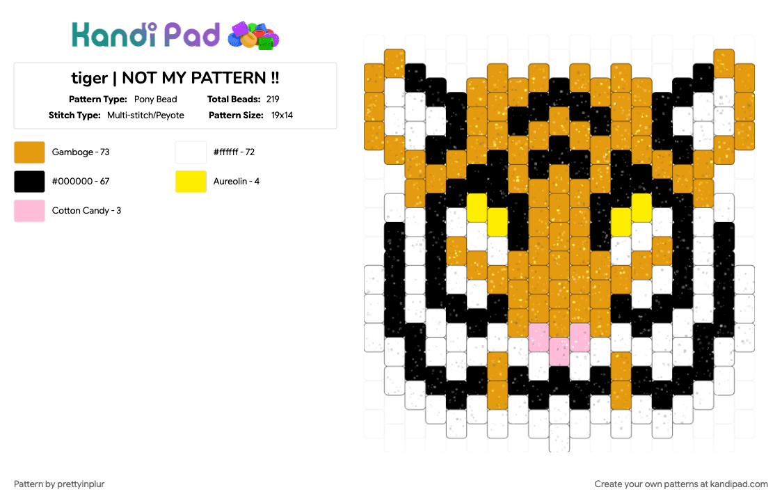 tiger | NOT MY PATTERN !! - Pony Bead Pattern by prettyinplur on Kandi Pad - animal, big cat, cat, charm, head, orange, tiger