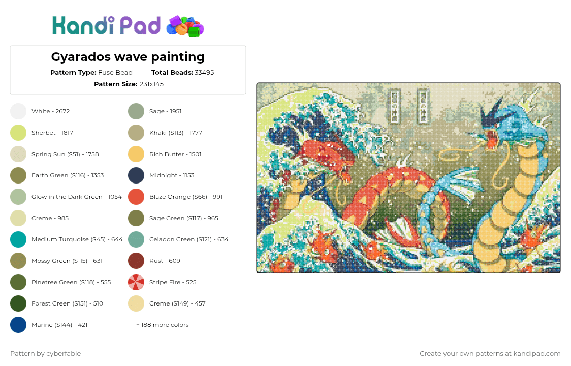 Gyarados wave painting - Fuse Bead Pattern by cyberfable on Kandi Pad - beige,yellow,gold,teal,colorful,pokemon,gyarados,wave,fish,shiny,anime,art,magikarp