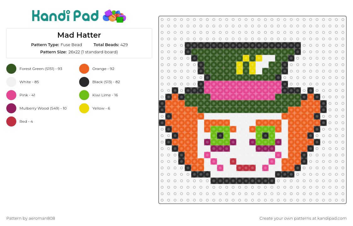 Mad Hatter - Fuse Bead Pattern by aeroman808 on Kandi Pad - mad hatter,alice in wonderland,whimsical,character,storybook,fantasy,hat,tea party,orange