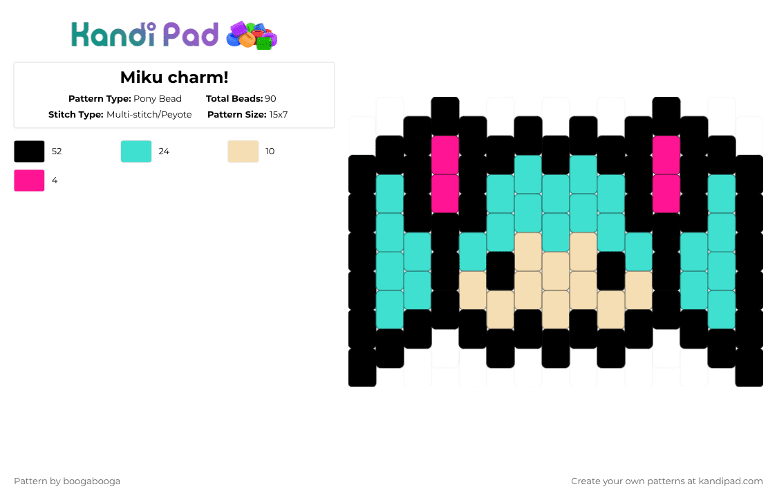 Miku charm! - Pony Bead Pattern by boogabooga on Kandi Pad - black,light blue