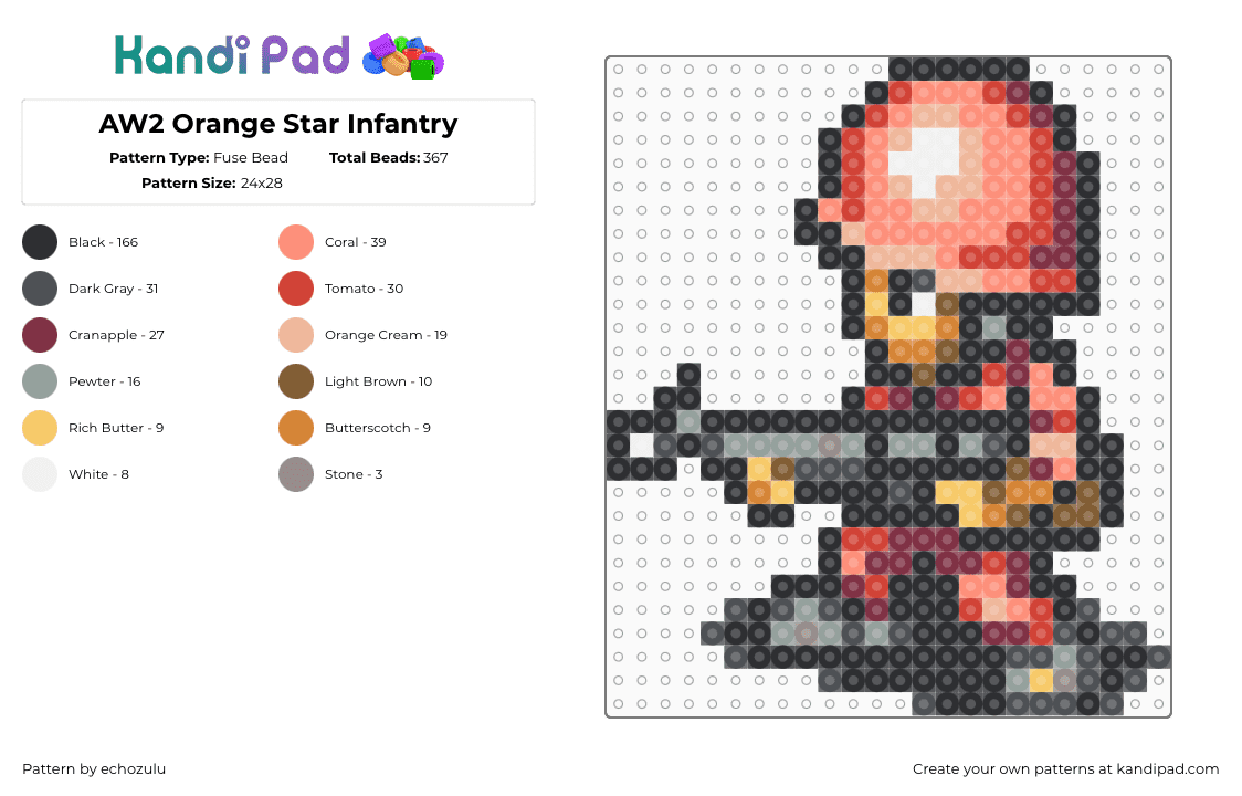 AW2 Orange Star Infantry - Fuse Bead Pattern by echozulu on Kandi Pad - infantry,advance wars,soldier,video game,gameboy,character,army,red