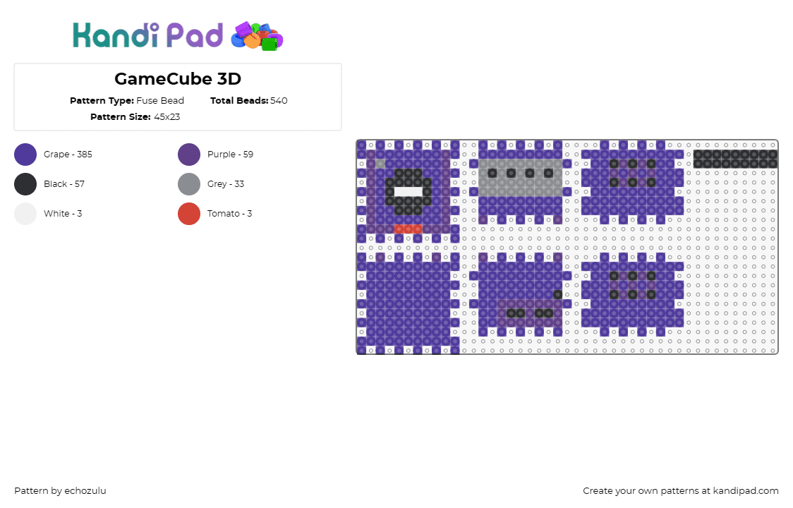 GameCube 3D - Fuse Bead Pattern by echozulu on Kandi Pad - gamecube,nintendo,3d,video game,console,retro,purple